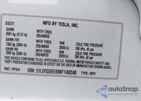 2021 Tesla Model Y Long Range Dual Motor All-Wheel Drive z USA, uszkodzony, nr VIN 5YJYGDEE8MF140248